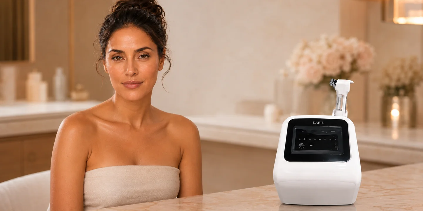 Woman wrapped in a towel at a stone counter beside a white Karis-branded facial device.