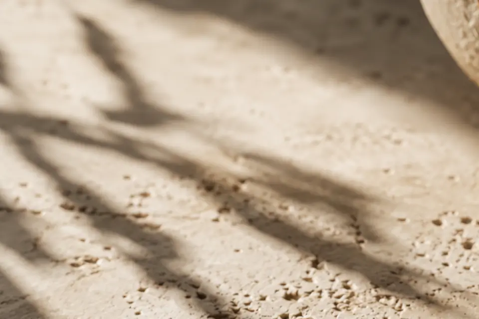 Sunlit travertine crossed by soft leaf shadows beside the curved edge of a pale stone.